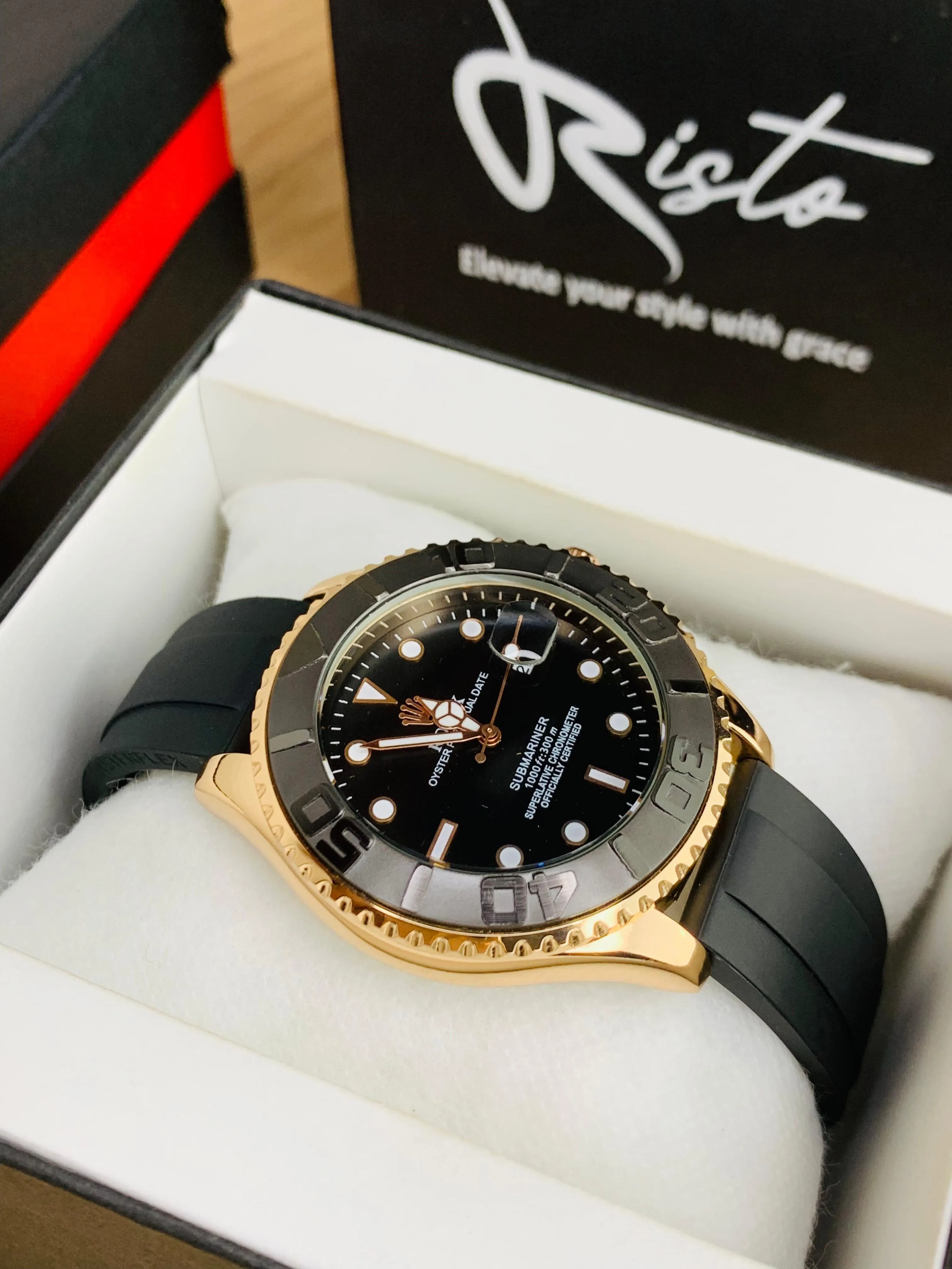 ( Golden ) Rolex Stylish Watch For Men Adjustable Rubber Strap | Heavy Master Lock | Steel Buzzle Working | ( With Normal Box )
