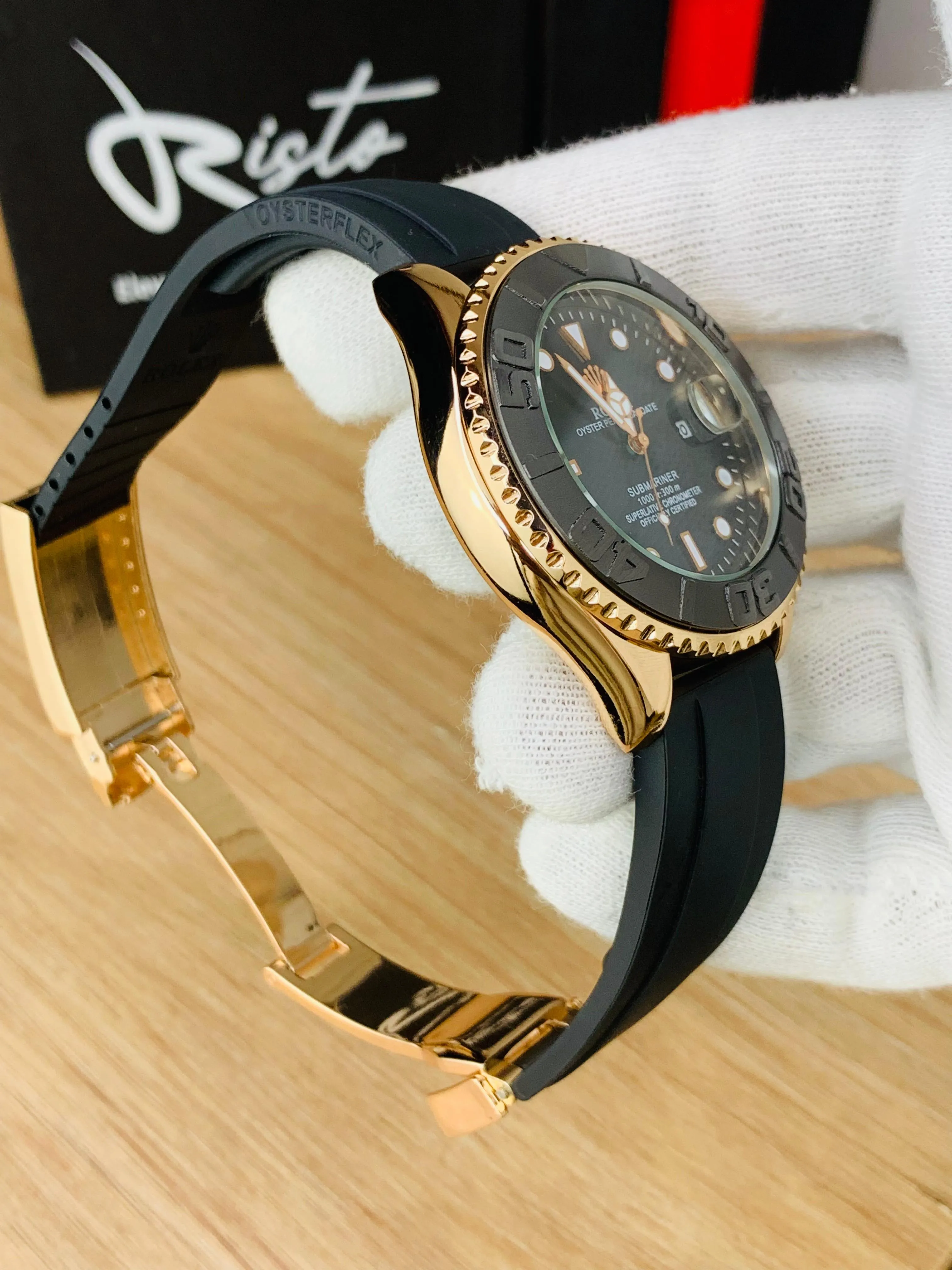 ( Golden ) Rolex Stylish Watch For Men Adjustable Rubber Strap | Heavy Master Lock | Steel Buzzle Working | ( With Normal Box )