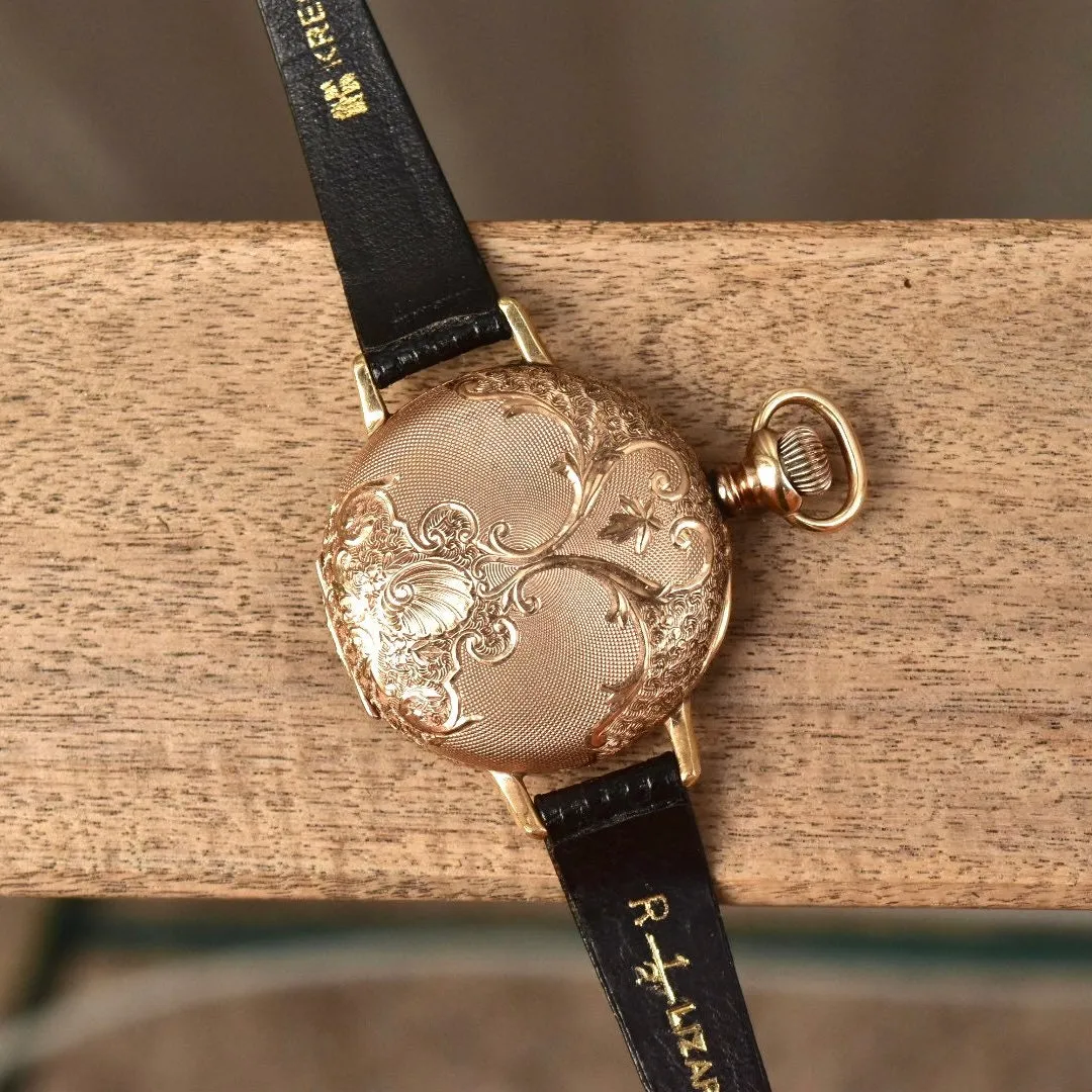 1901 Waltham 14K Gold Pocket Watch Converted Ladies Wristwatch, Engine Turned Engraved Hunter-Case, Black Lizard Skin Wristband