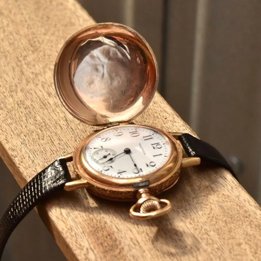 1901 Waltham 14K Gold Pocket Watch Converted Ladies Wristwatch, Engine Turned Engraved Hunter-Case, Black Lizard Skin Wristband