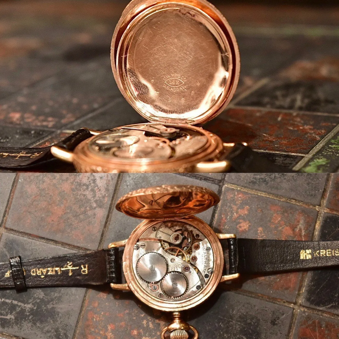 1901 Waltham 14K Gold Pocket Watch Converted Ladies Wristwatch, Engine Turned Engraved Hunter-Case, Black Lizard Skin Wristband
