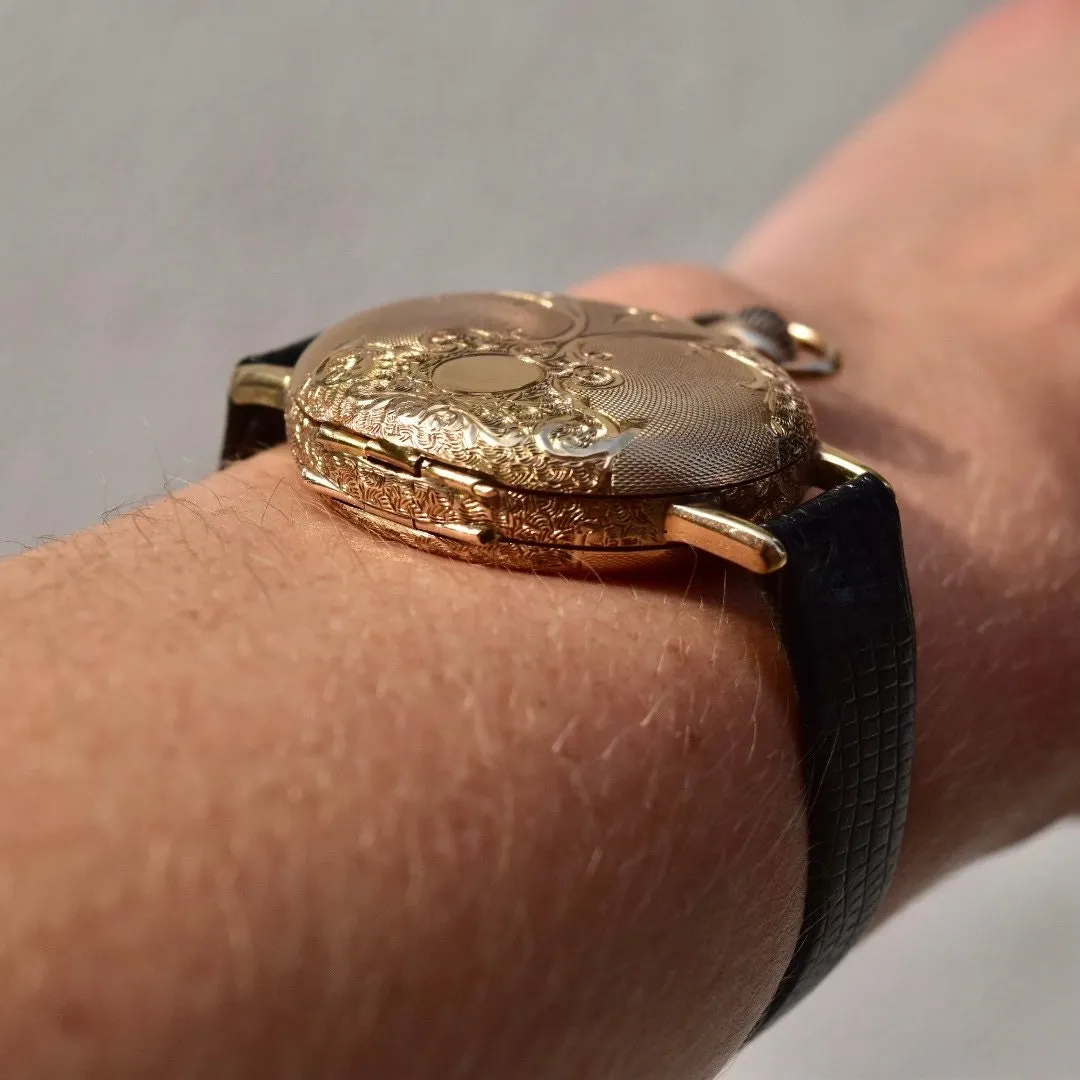 1901 Waltham 14K Gold Pocket Watch Converted Ladies Wristwatch, Engine Turned Engraved Hunter-Case, Black Lizard Skin Wristband