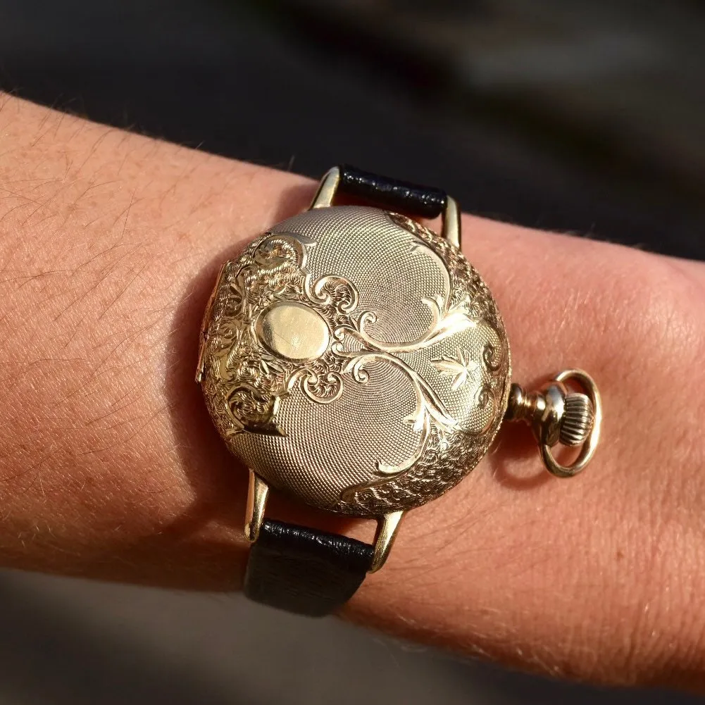 1901 Waltham 14K Gold Pocket Watch Converted Ladies Wristwatch, Engine Turned Engraved Hunter-Case, Black Lizard Skin Wristband