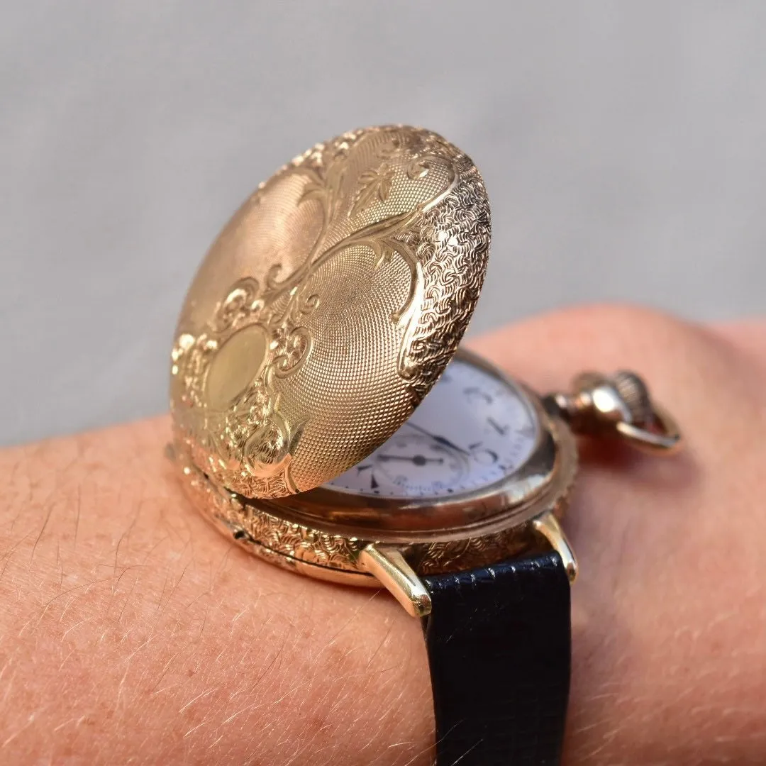 1901 Waltham 14K Gold Pocket Watch Converted Ladies Wristwatch, Engine Turned Engraved Hunter-Case, Black Lizard Skin Wristband