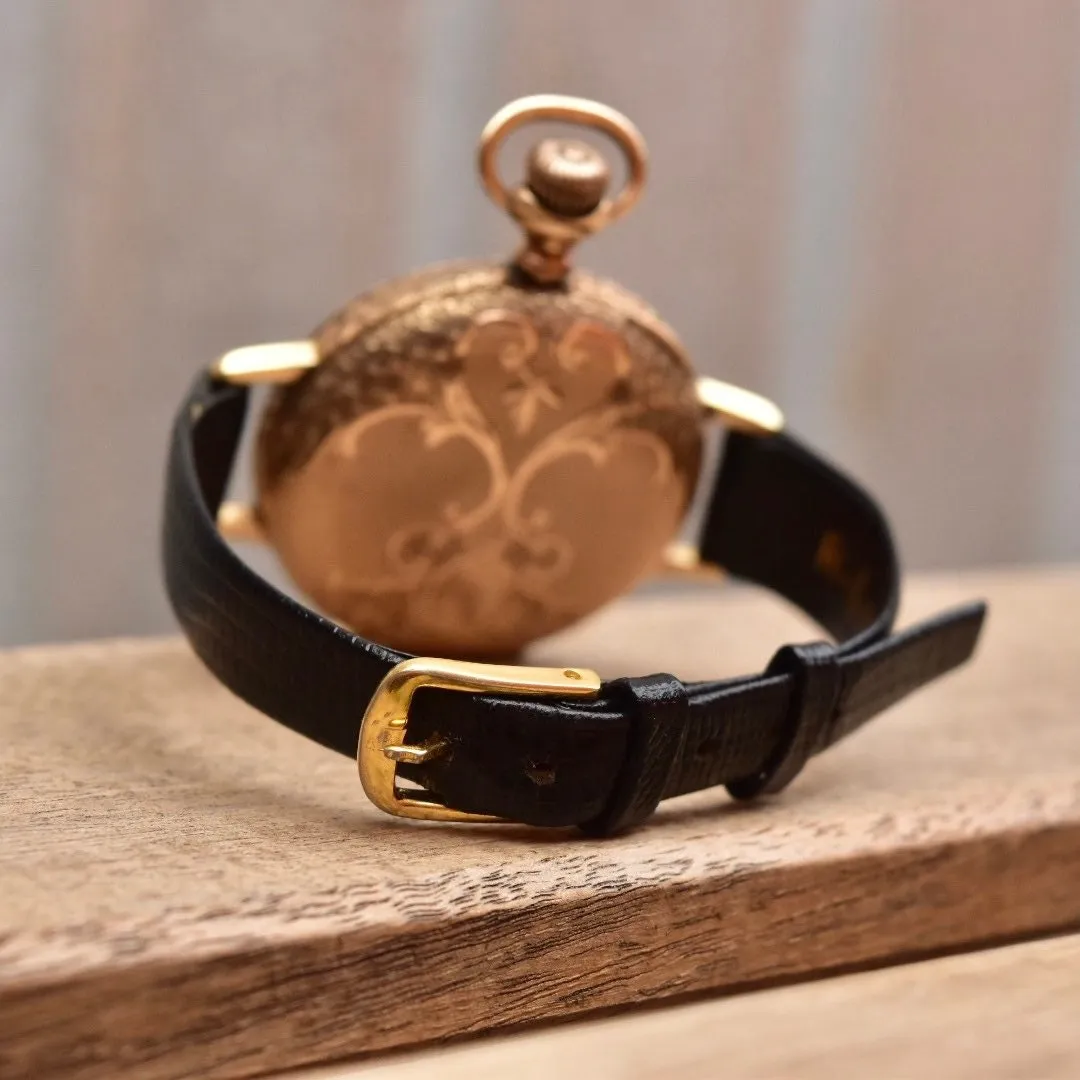 1901 Waltham 14K Gold Pocket Watch Converted Ladies Wristwatch, Engine Turned Engraved Hunter-Case, Black Lizard Skin Wristband