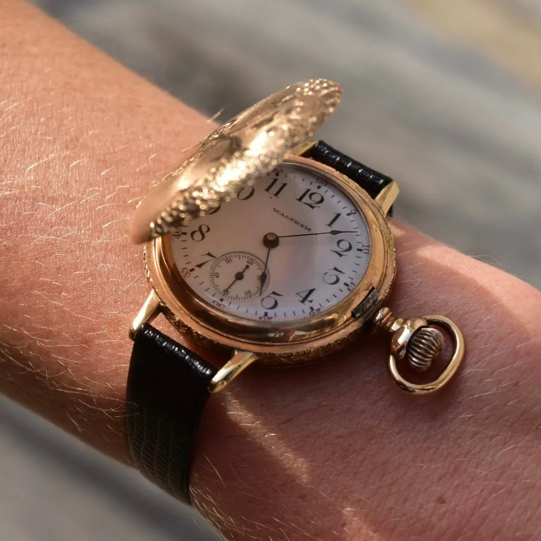 1901 Waltham 14K Gold Pocket Watch Converted Ladies Wristwatch, Engine Turned Engraved Hunter-Case, Black Lizard Skin Wristband