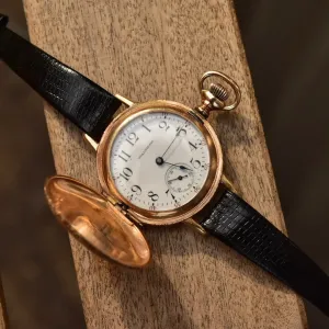 1901 Waltham 14K Gold Pocket Watch Converted Ladies Wristwatch, Engine Turned Engraved Hunter-Case, Black Lizard Skin Wristband