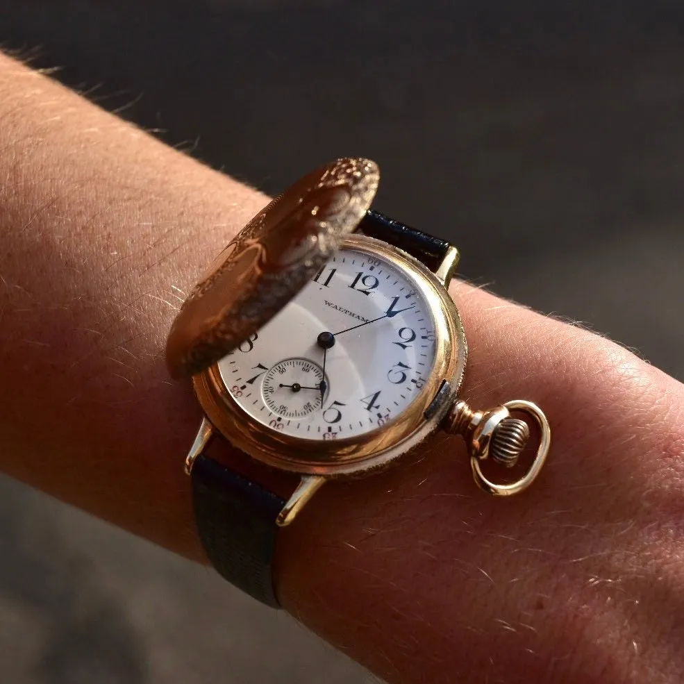 1901 Waltham 14K Gold Pocket Watch Converted Ladies Wristwatch, Engine Turned Engraved Hunter-Case, Black Lizard Skin Wristband