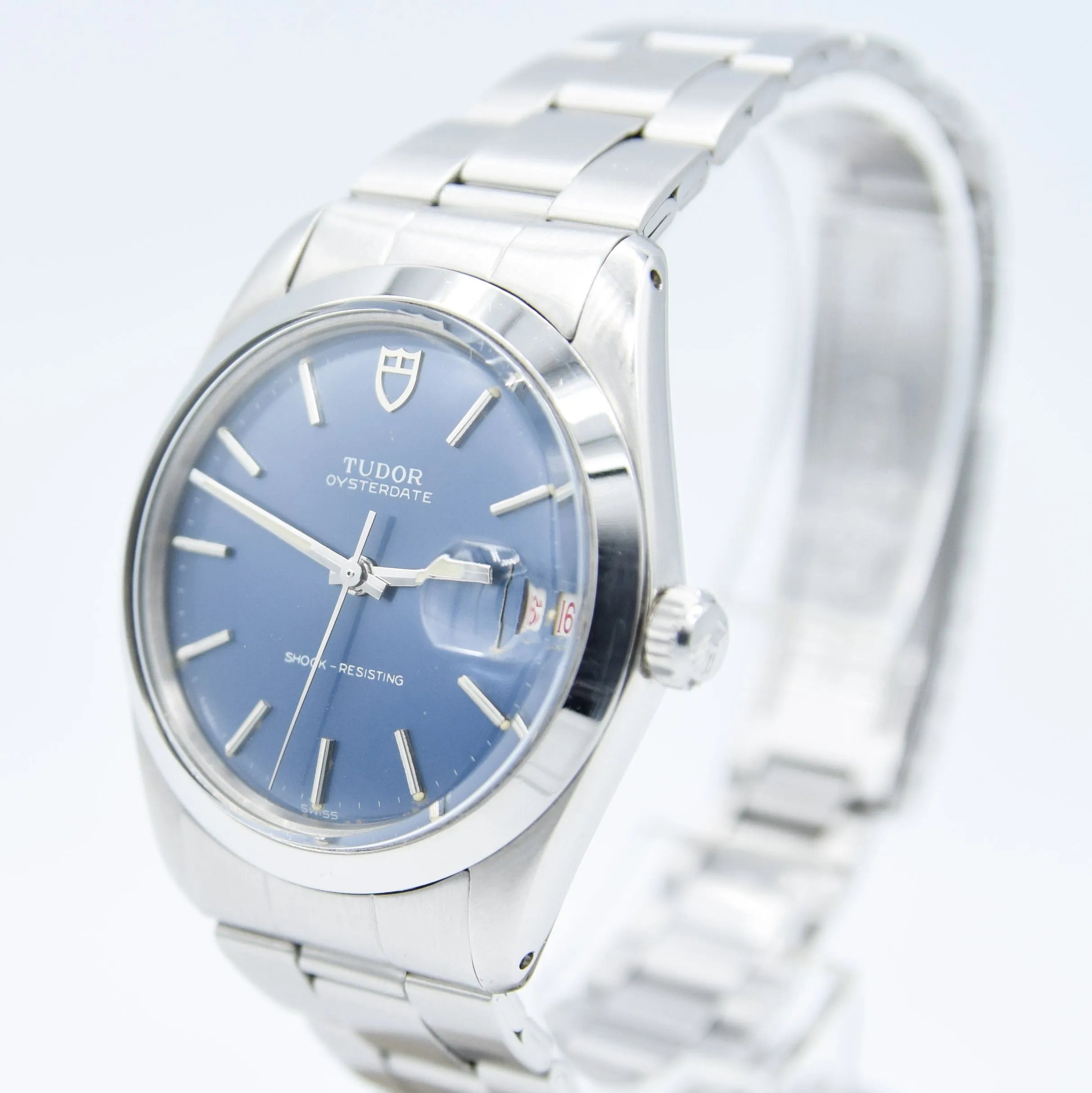 1968 Tudor Oyster Date Manual Wind Wristwatch Model 7992 with Metallic Blue Dial and Roulette Date on Original Bracelet