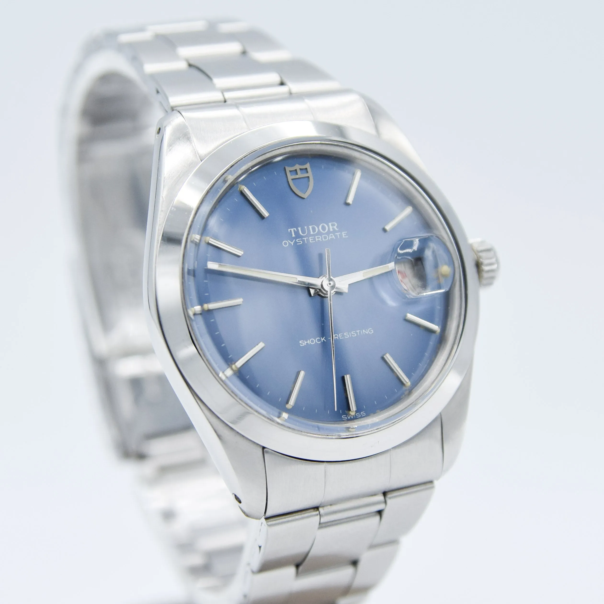 1968 Tudor Oyster Date Manual Wind Wristwatch Model 7992 with Metallic Blue Dial and Roulette Date on Original Bracelet