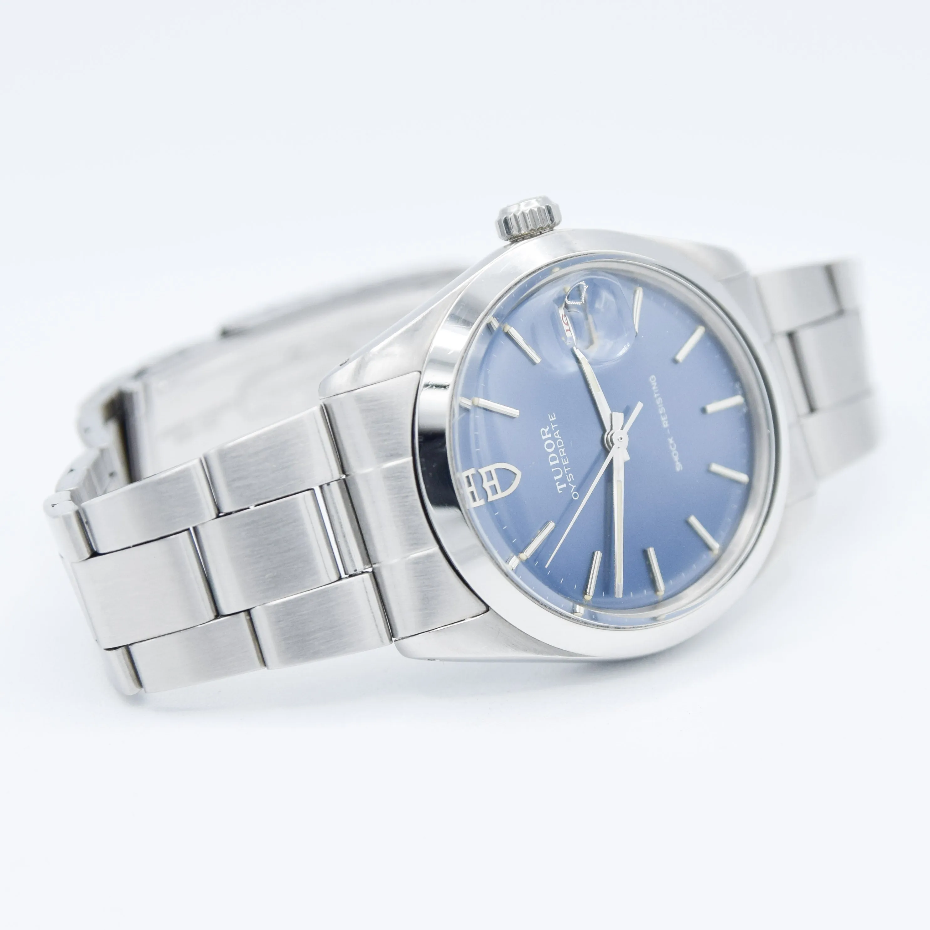 1968 Tudor Oyster Date Manual Wind Wristwatch Model 7992 with Metallic Blue Dial and Roulette Date on Original Bracelet