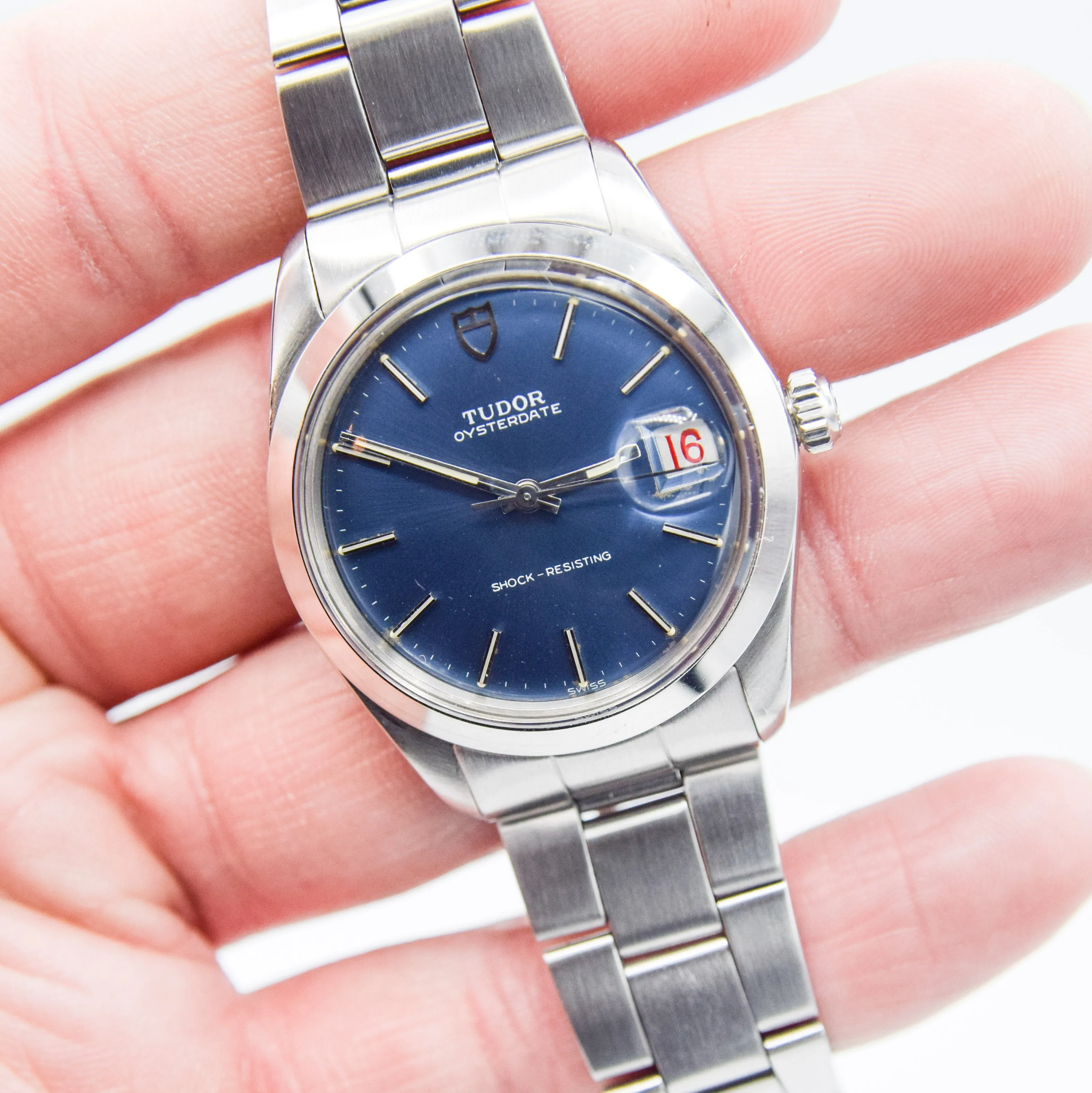 1968 Tudor Oyster Date Manual Wind Wristwatch Model 7992 with Metallic Blue Dial and Roulette Date on Original Bracelet