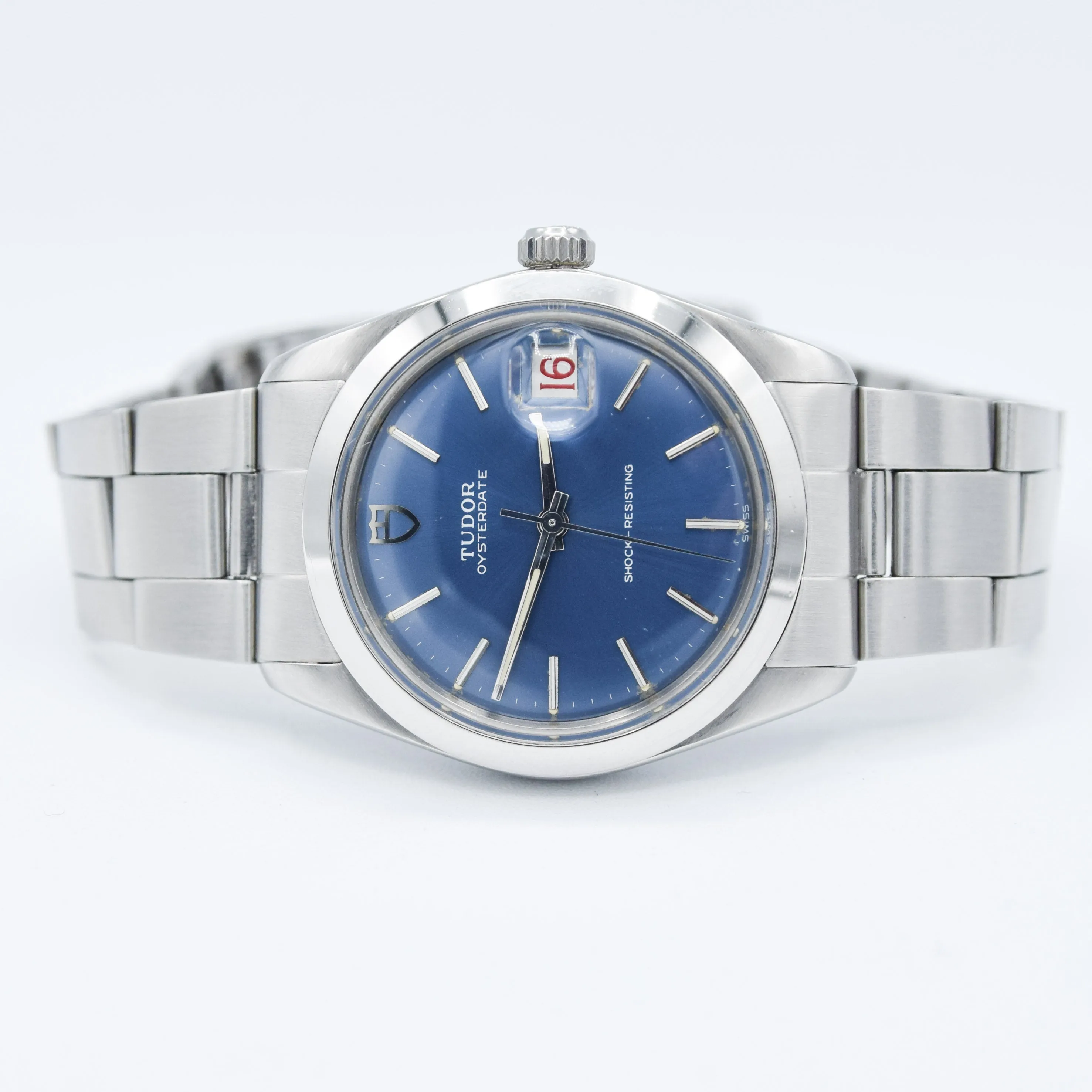 1968 Tudor Oyster Date Manual Wind Wristwatch Model 7992 with Metallic Blue Dial and Roulette Date on Original Bracelet