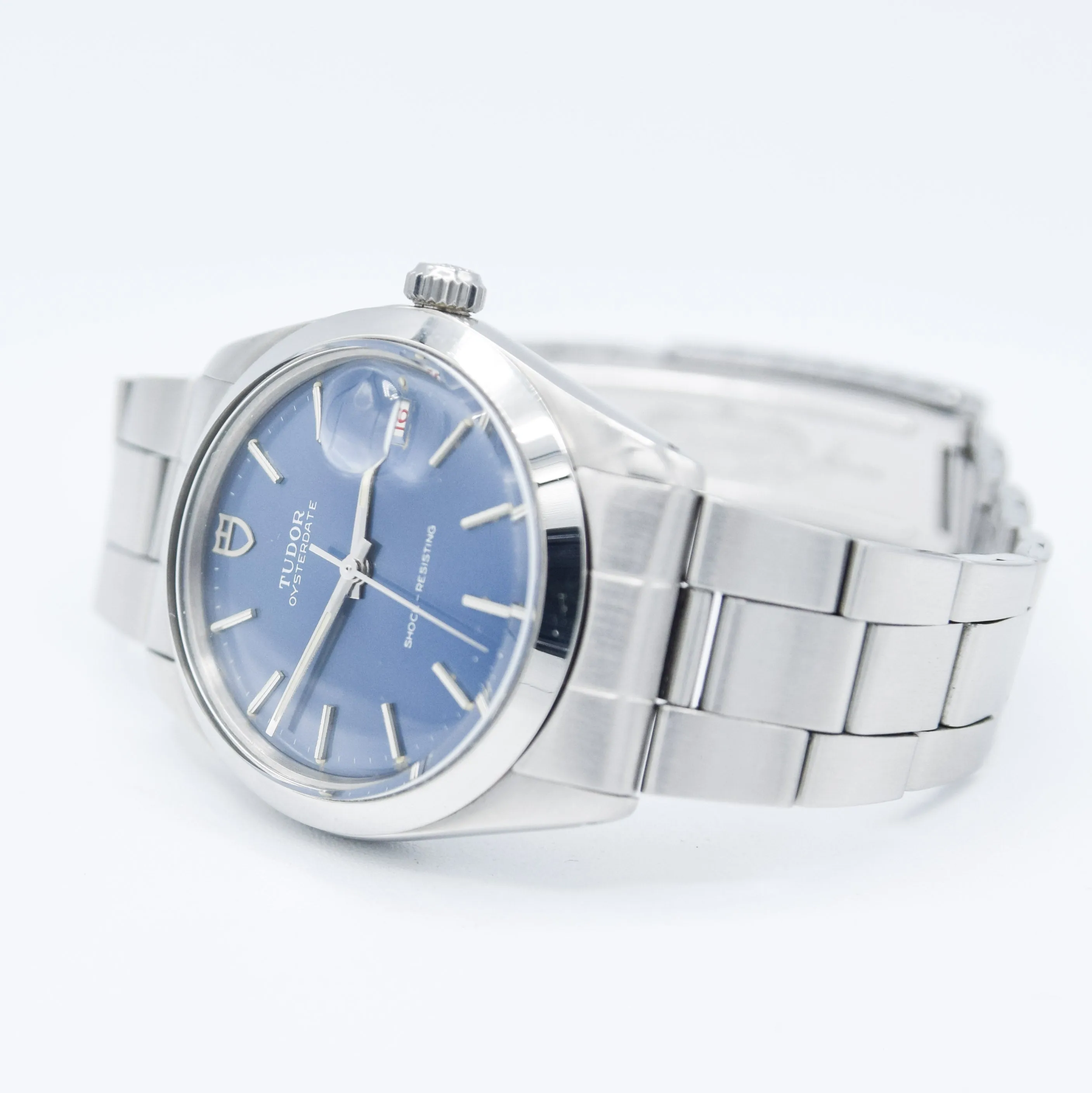 1968 Tudor Oyster Date Manual Wind Wristwatch Model 7992 with Metallic Blue Dial and Roulette Date on Original Bracelet