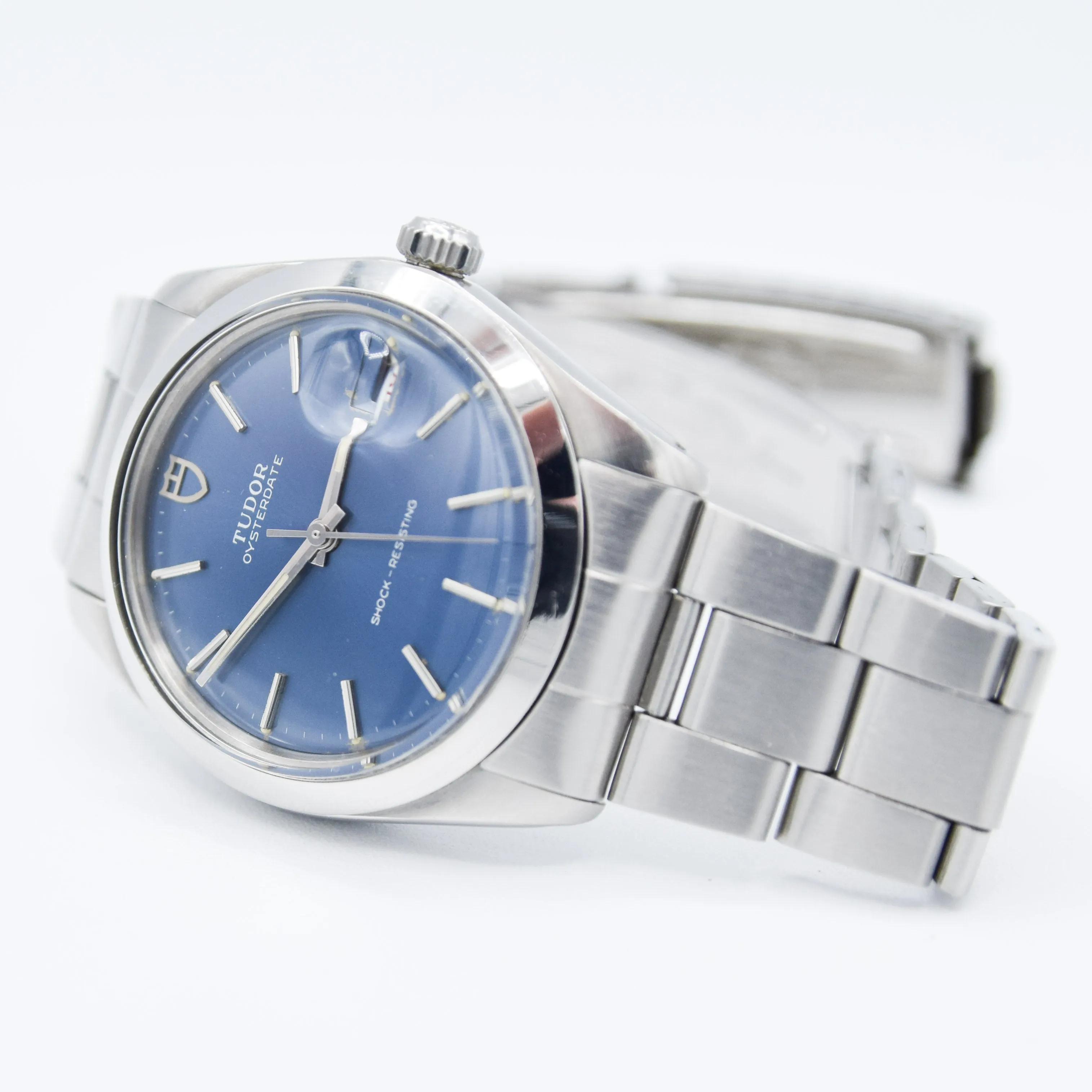 1968 Tudor Oyster Date Manual Wind Wristwatch Model 7992 with Metallic Blue Dial and Roulette Date on Original Bracelet