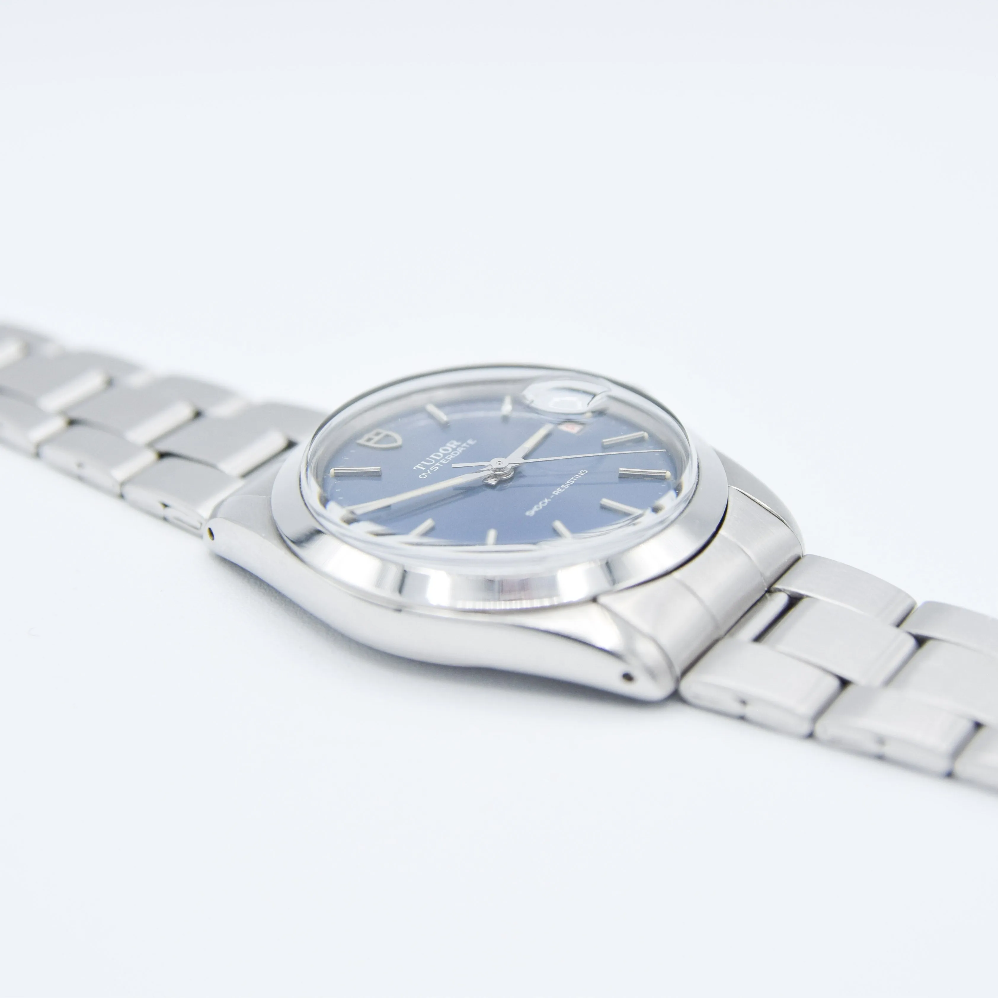 1968 Tudor Oyster Date Manual Wind Wristwatch Model 7992 with Metallic Blue Dial and Roulette Date on Original Bracelet