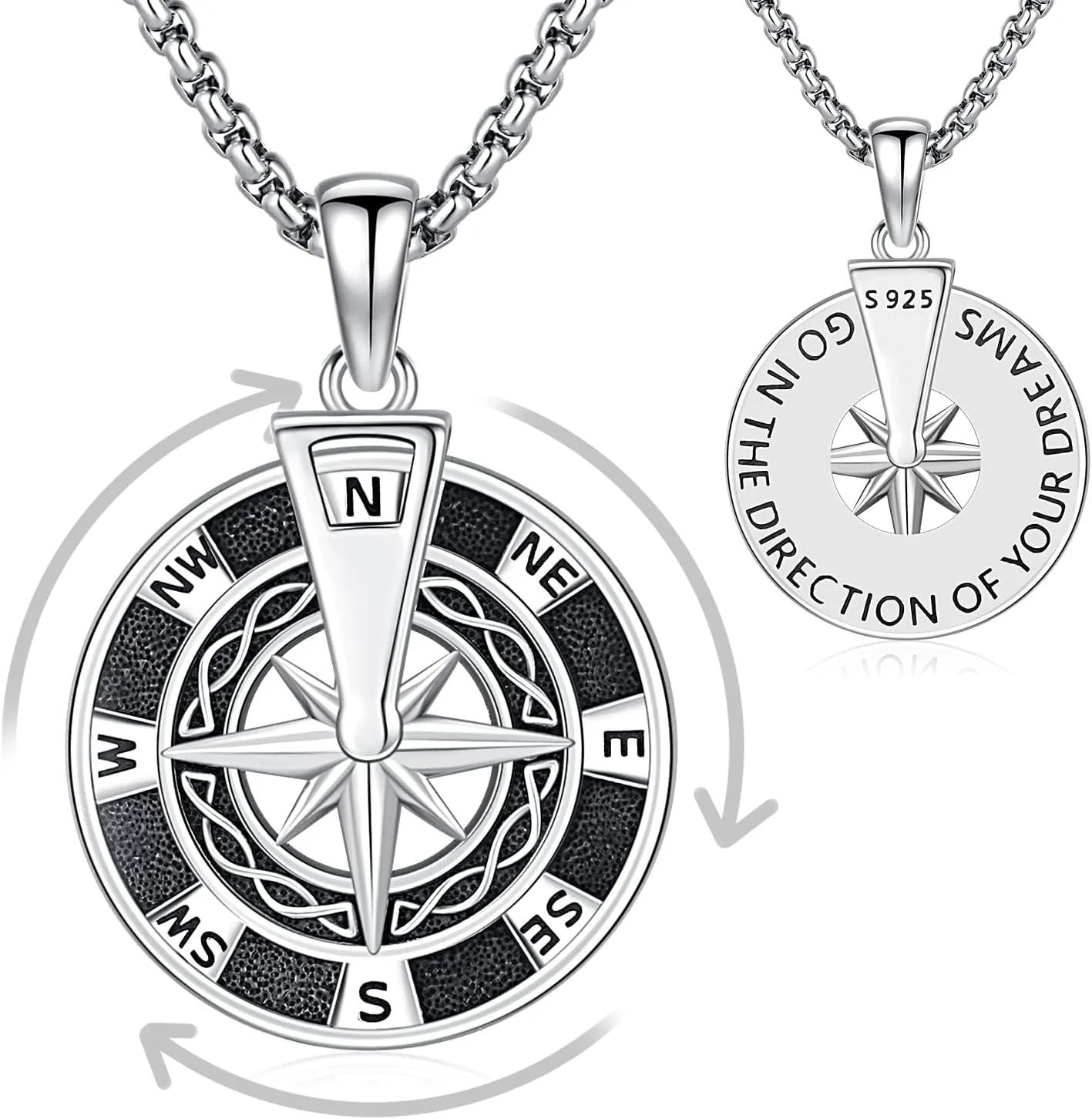 Aniu Compass Necklace for Men Women Sterling Silver Compass Pendant 2025 Graduation Friendship Talisman Travel Necklace Inspirational Rotatable Compass Graduation Gift Jewelry Gifts