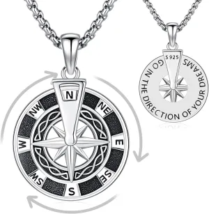 Aniu Compass Necklace for Men Women Sterling Silver Compass Pendant 2025 Graduation Friendship Talisman Travel Necklace Inspirational Rotatable Compass Graduation Gift Jewelry Gifts