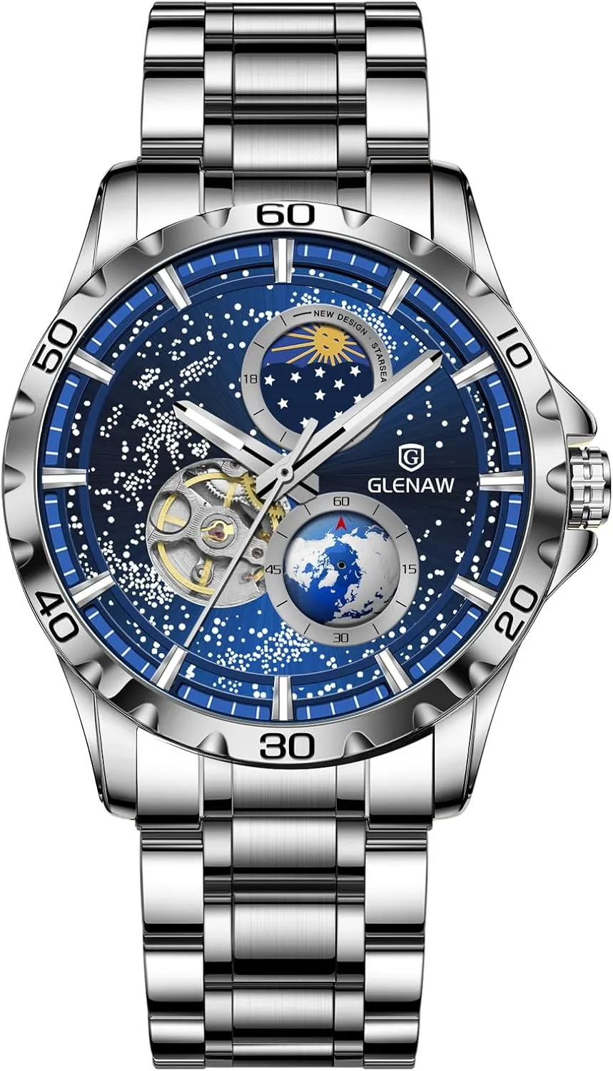 Automatic Watches for Men, Rotating Earth Multifunctional Men's Mechanical Watch Starry Sky Dial Steel Band Stopwatch Sun Moon Stars Automatic Men's Watch
