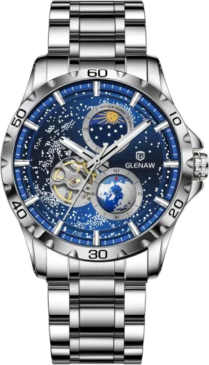 Automatic Watches for Men, Rotating Earth Multifunctional Men's Mechanical Watch Starry Sky Dial Steel Band Stopwatch Sun Moon Stars Automatic Men's Watch