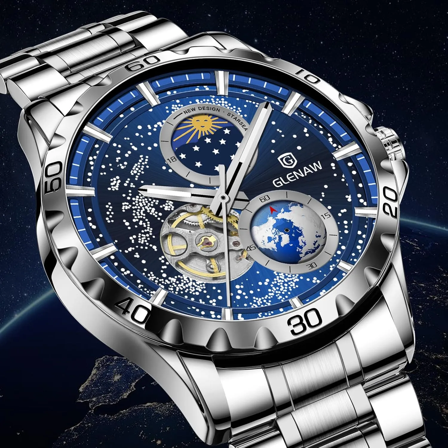 Automatic Watches for Men, Rotating Earth Multifunctional Men's Mechanical Watch Starry Sky Dial Steel Band Stopwatch Sun Moon Stars Automatic Men's Watch