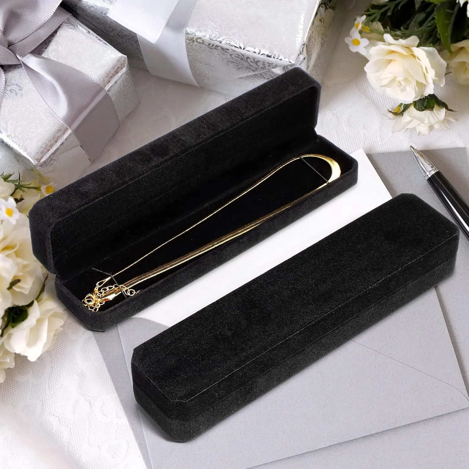 Batiyeer 24 Pcs Velvet Bracelet Box bulk Jewelry Chain necklace box Bracelet Storage Case Long Travel Jewelry Case for Pendant display Valentines Wedding Engagement, 8.86 x 2.13 x 1.38 inch(Black)