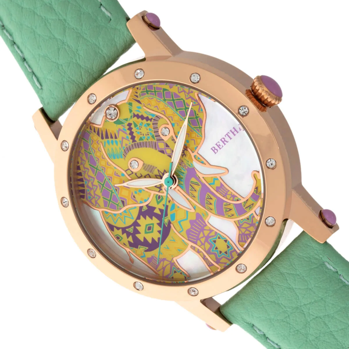 Bertha Betsy MOP Leather-Band Ladies Watch - Rose Gold/Mint