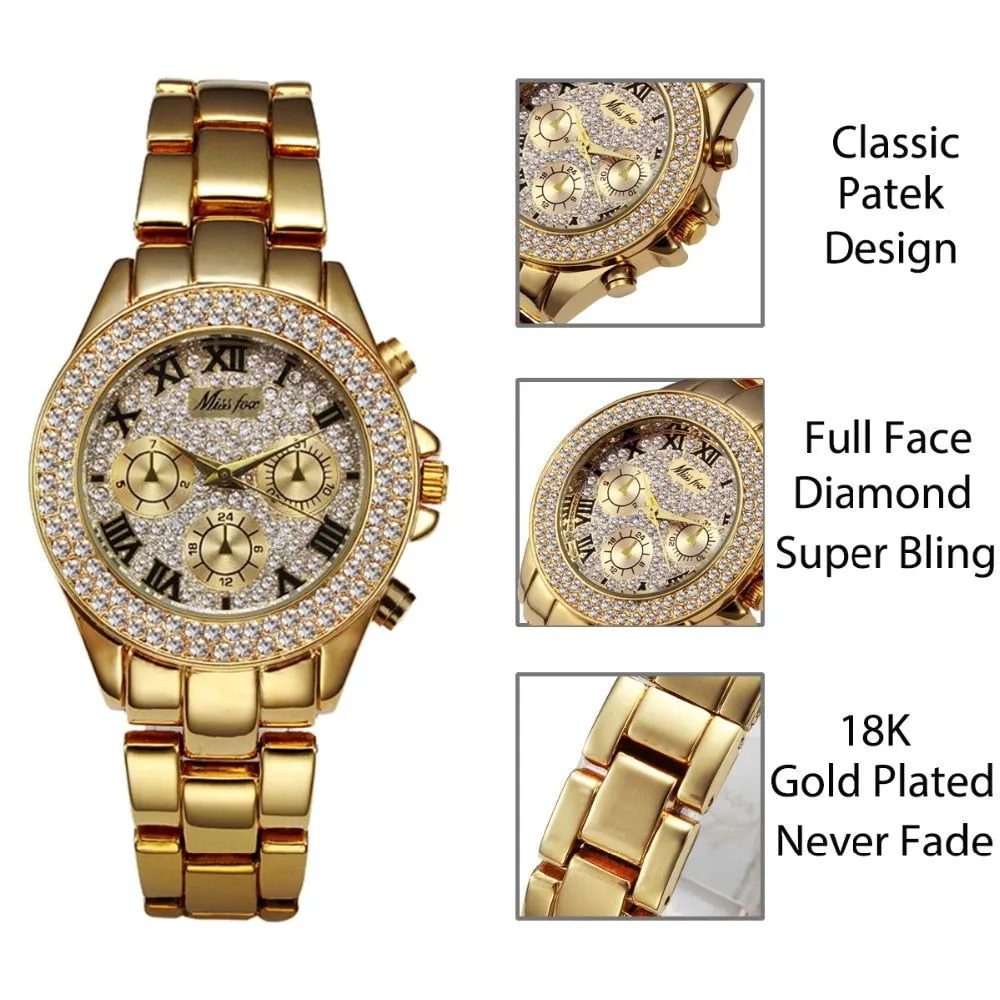 Bling Out 18K Gold Roman Numerals Quartz Watches