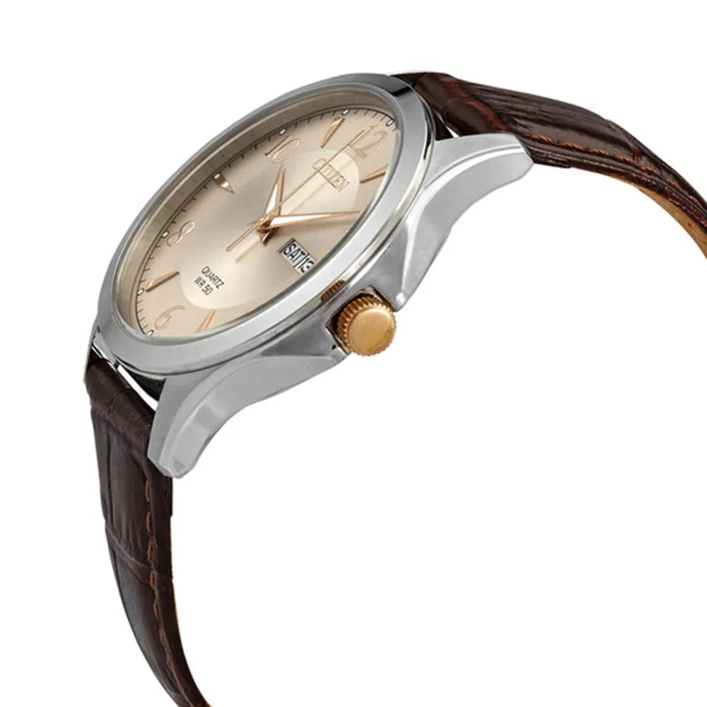 Citizen 20 Standard Men's Brown Leather Calfskin Strap Champagne Gold Stainless Steel Quartz Dial Watch - BF2009-29X