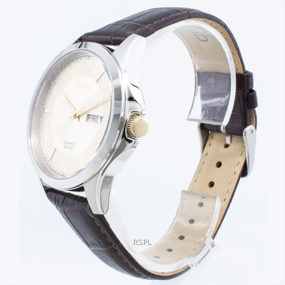 Citizen 20 Standard Men's Brown Leather Calfskin Strap Champagne Gold Stainless Steel Quartz Dial Watch - BF2009-29X