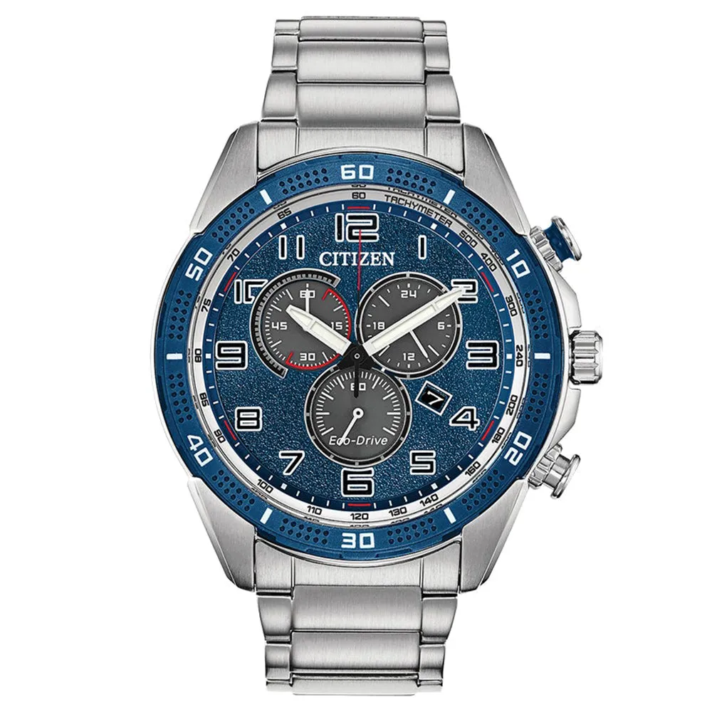 Citizen AR - Action Eco Drive Mens Silver Stainless Steel Band Blue Quartz Dial Watch - AT2440-51L