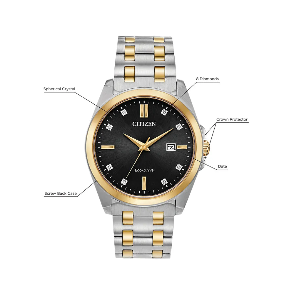 Citizen Corso Eco-Drive Mens Two-Tone Silver/Gold Stainless Steel Band Black Quartz Dial Watch - BM7107-50E