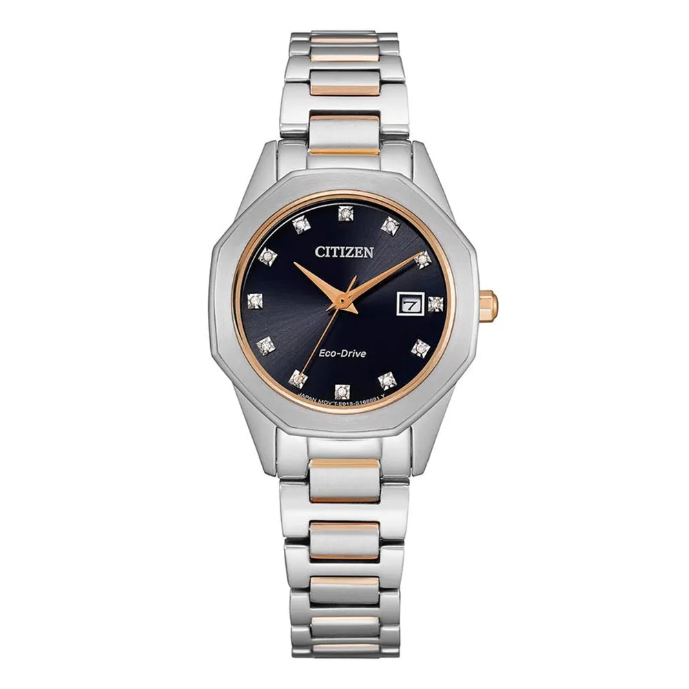 Citizen Corso Women's Eco-Drive Two-Tone Stainless Steel Bracelet Diamond Accented Black Dial Analog Watch - EW2586-58E