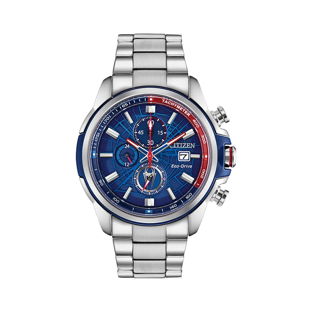 Citizen Eco-Drive Spider-Man Mens Silver Stainless Steel Band Blue Quartz Dial Watch - CA0429-53W