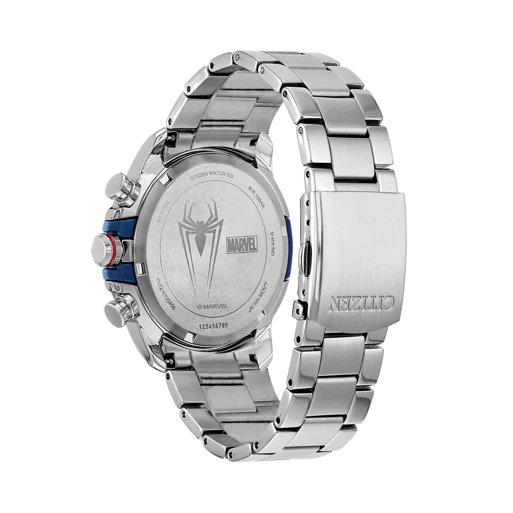 Citizen Eco-Drive Spider-Man Mens Silver Stainless Steel Band Blue Quartz Dial Watch - CA0429-53W