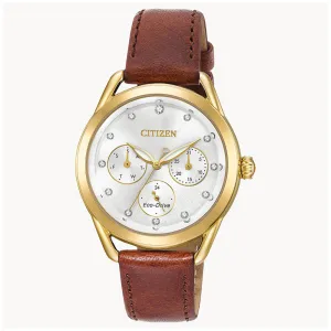 Citizen Eco-Drive Women's Brown Leather Band Silver Dial Watch - FD2052-07A
