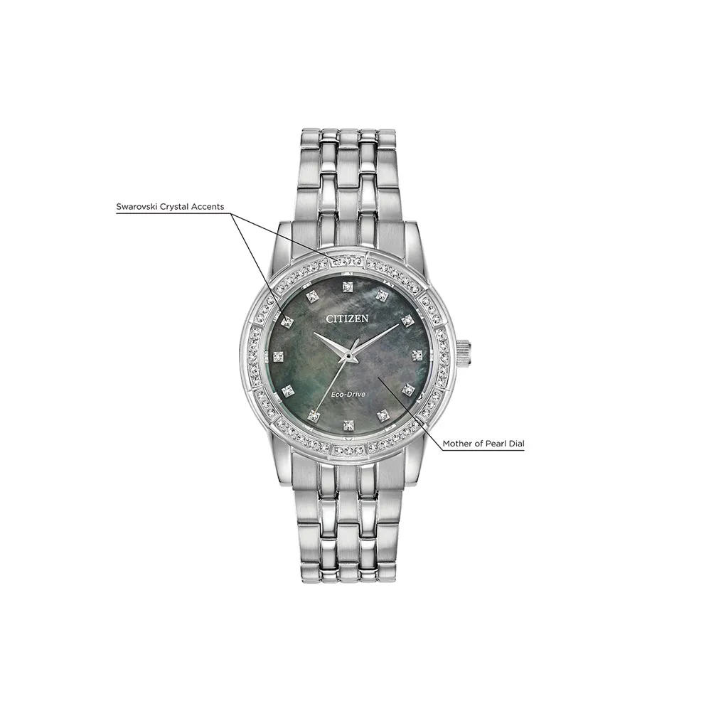 Citizen Silhouette Crystal Womens Silver-Tone Stainless Steel Band Black Quartz Dial Watch - EM0770-52Y