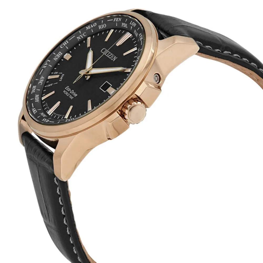Citizen World Time Eco-Drive Mens Black Leather Band Black Quartz Dial Watch - BX1003-08E