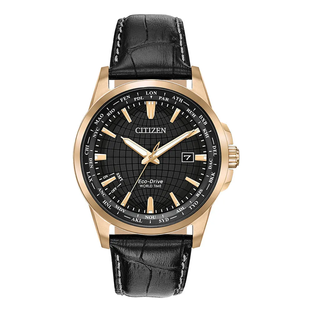 Citizen World Time Eco-Drive Mens Black Leather Band Black Quartz Dial Watch - BX1003-08E