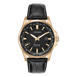 Citizen World Time Eco-Drive Mens Black Leather Band Black Quartz Dial Watch - BX1003-08E