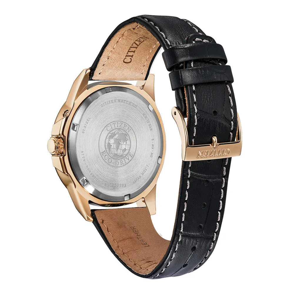 Citizen World Time Eco-Drive Mens Black Leather Band Black Quartz Dial Watch - BX1003-08E
