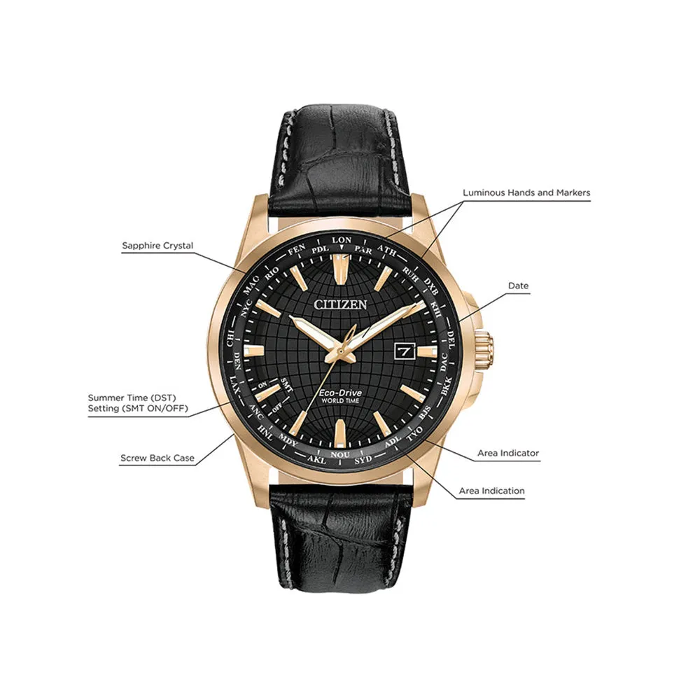 Citizen World Time Eco-Drive Mens Black Leather Band Black Quartz Dial Watch - BX1003-08E