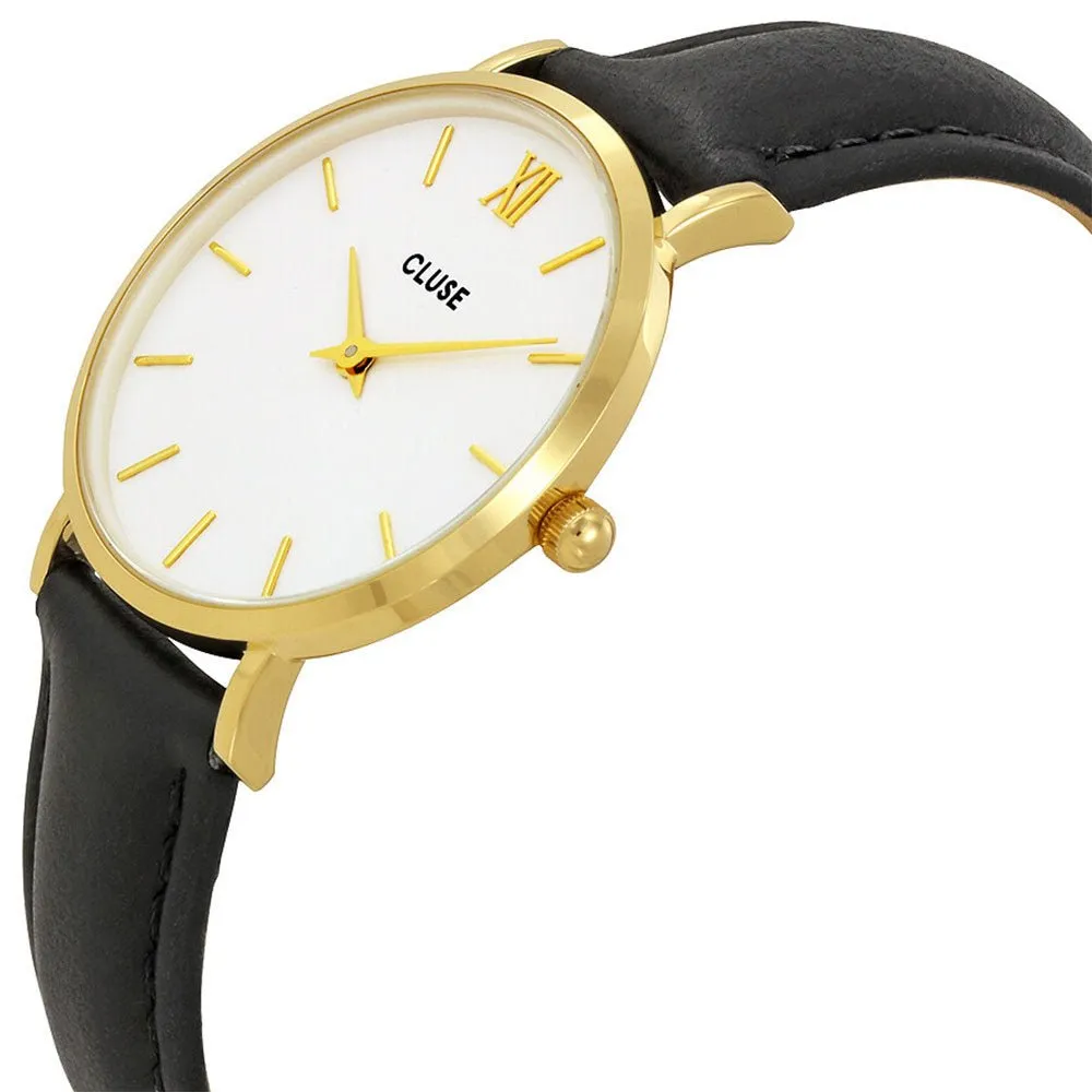 Cluse Minuit Black Leather Gold Plated Steel White Dial Womens Watch CL30019