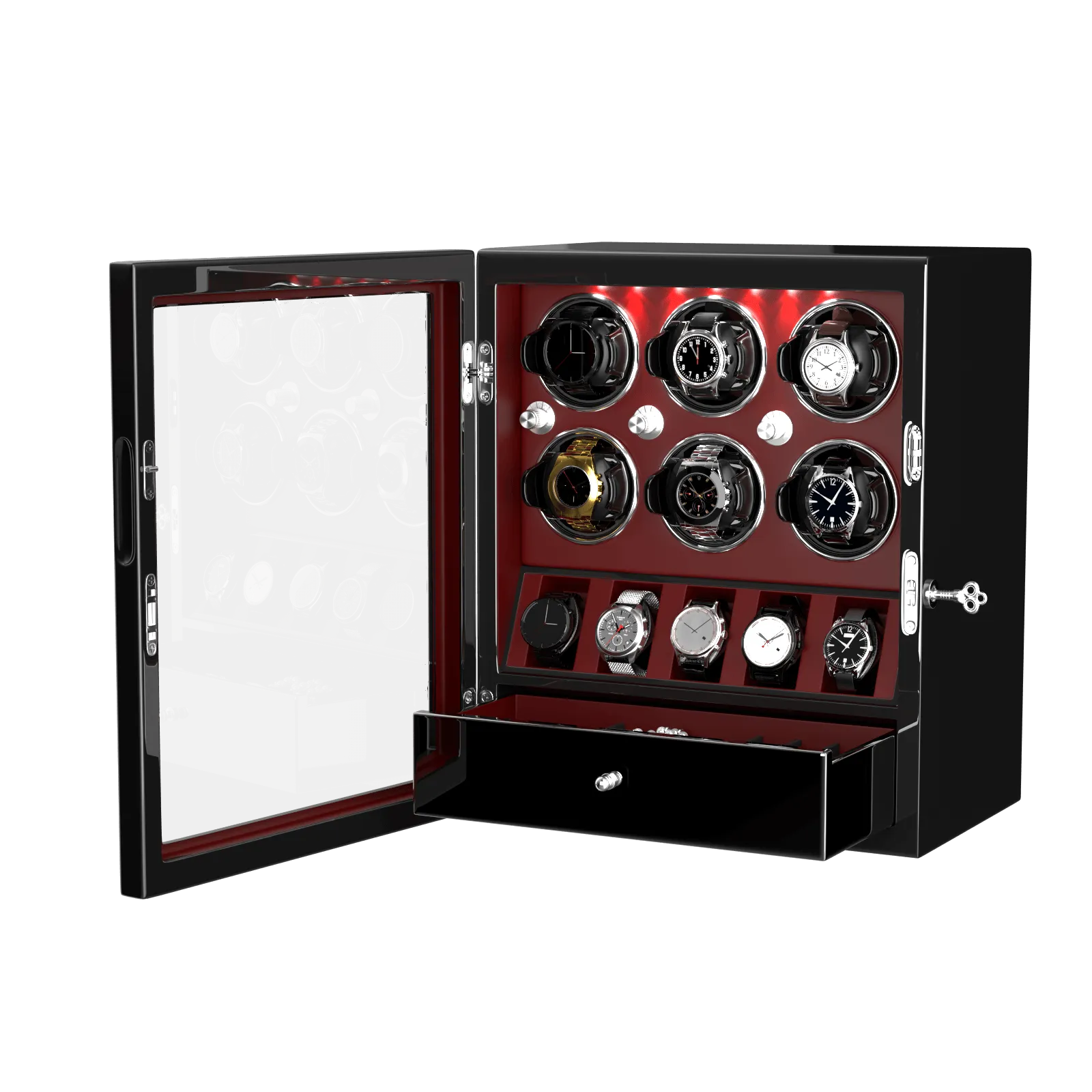 Compact 6 Watch Winders with 5 Watches Large Storage Space  - Red