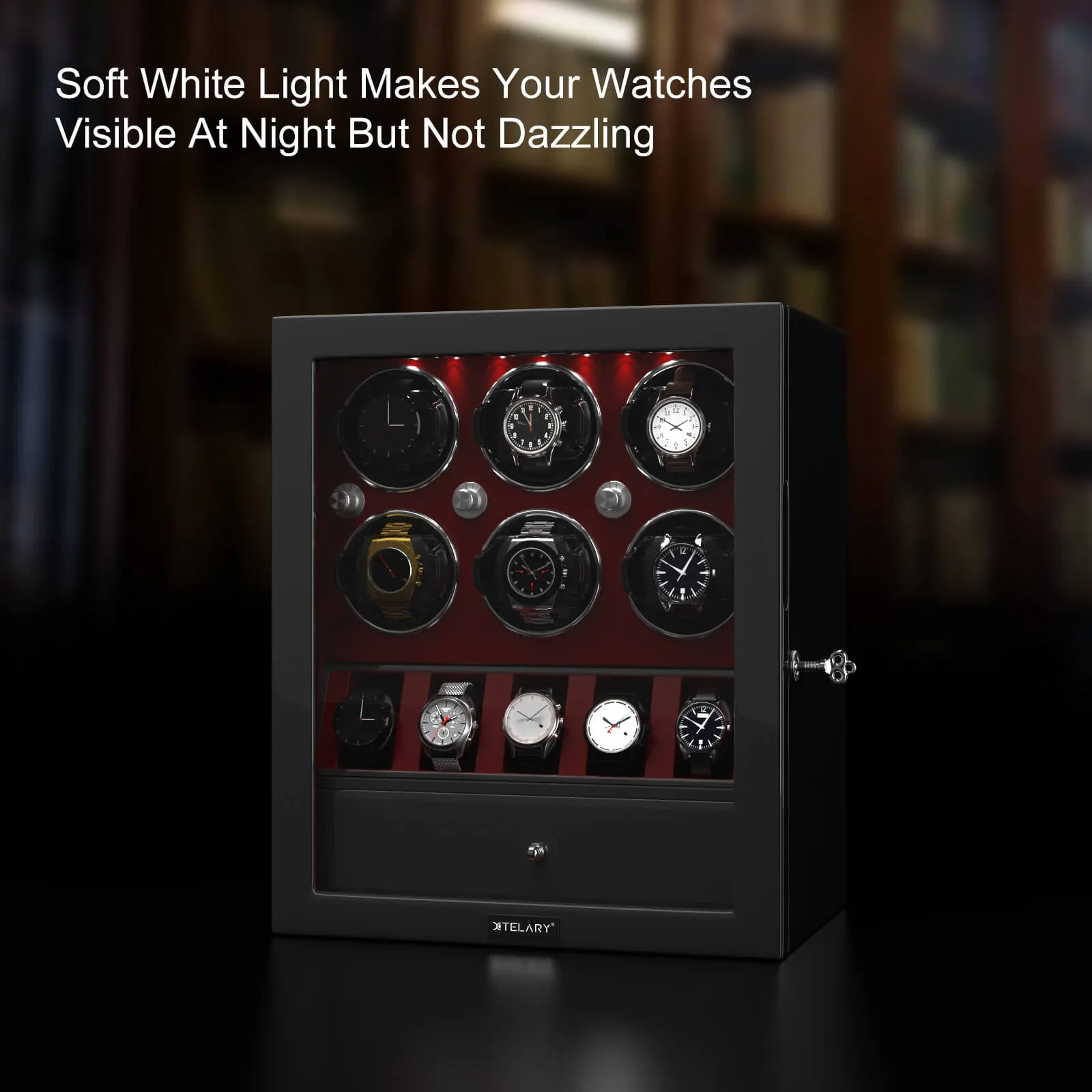 Compact 6 Watch Winders with 5 Watches Large Storage Space  - Red