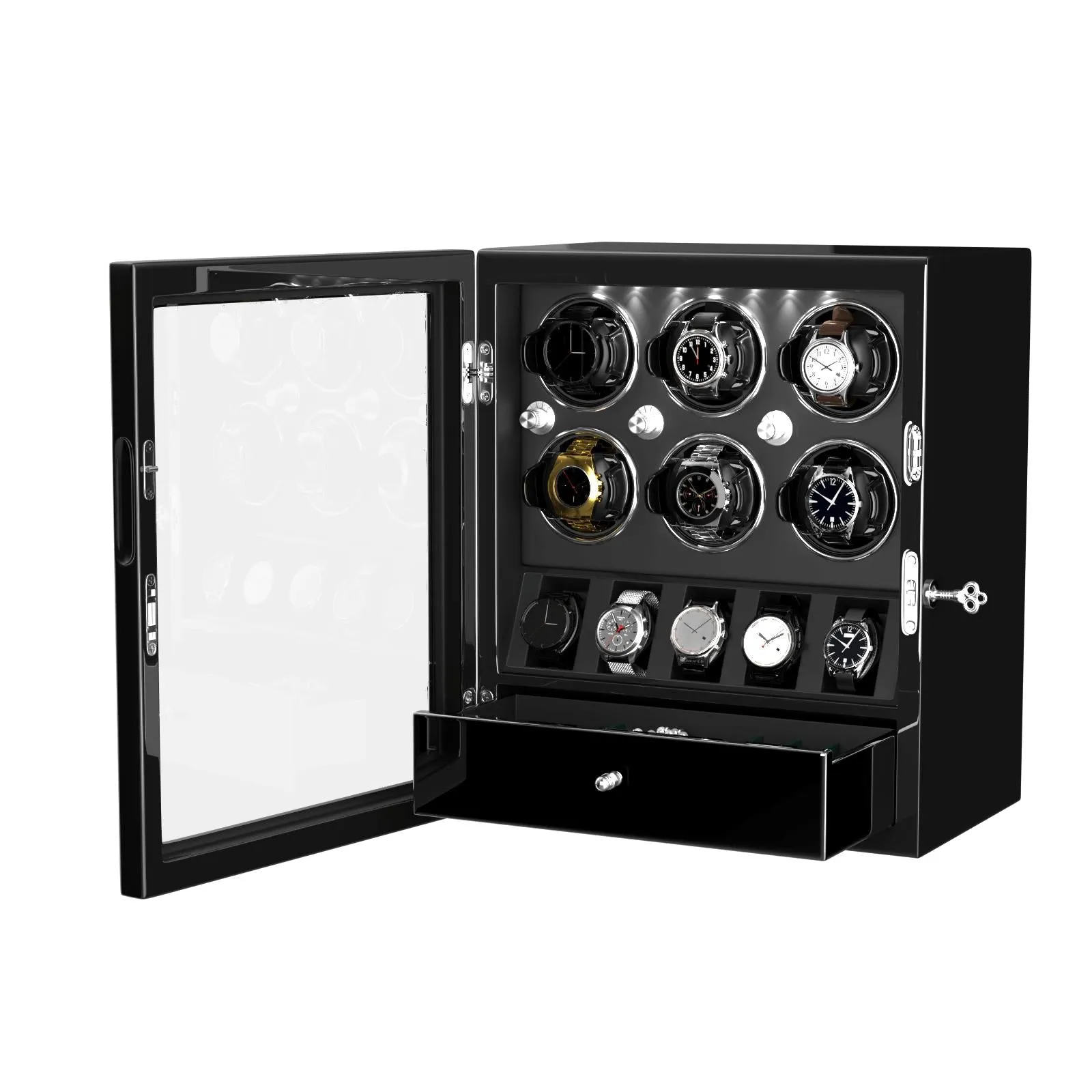 Compact 6 Watch Winders with 5 Watches Organizer Storage Space Quiet Mabuchi Motor - Black