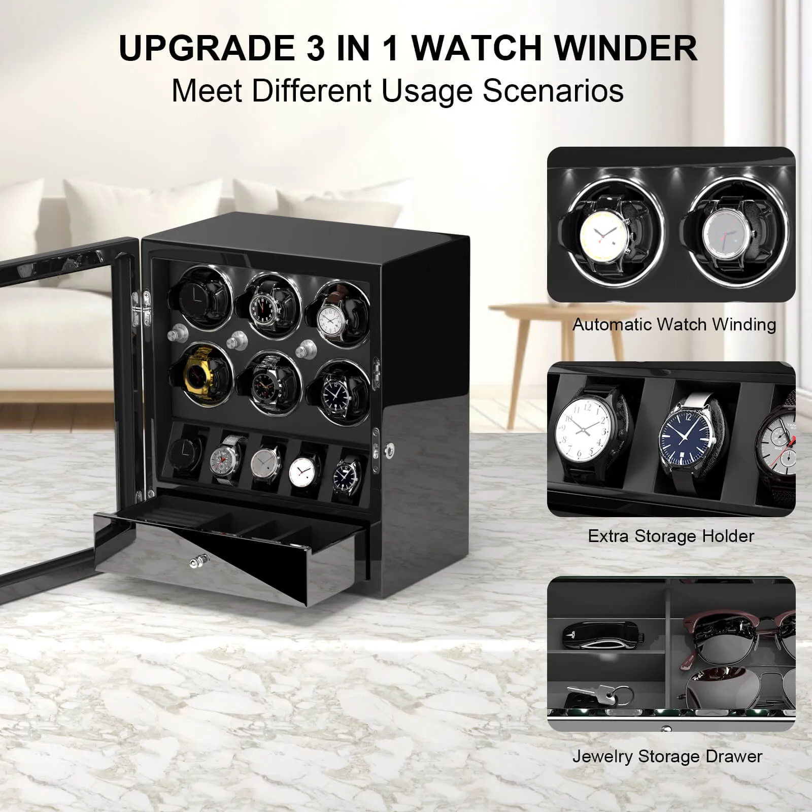 Compact 6 Watch Winders with 5 Watches Organizer Storage Space Quiet Mabuchi Motor - Black