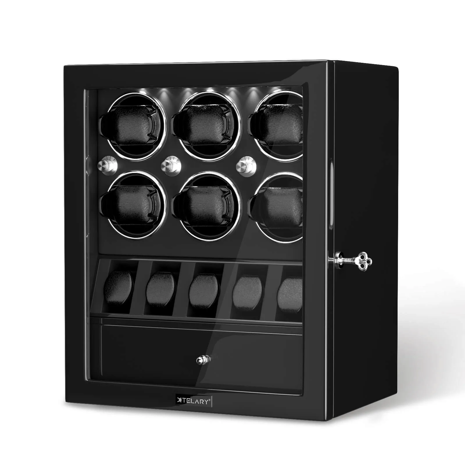Compact 6 Watch Winders with 5 Watches Organizer Storage Space Quiet Mabuchi Motor - Black