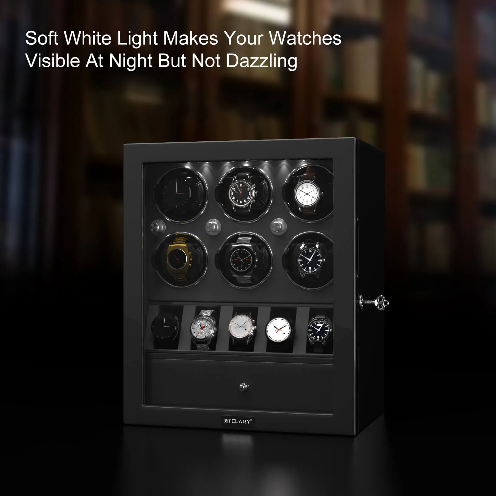 Compact 6 Watch Winders with 5 Watches Organizer Storage Space Quiet Mabuchi Motor - Black