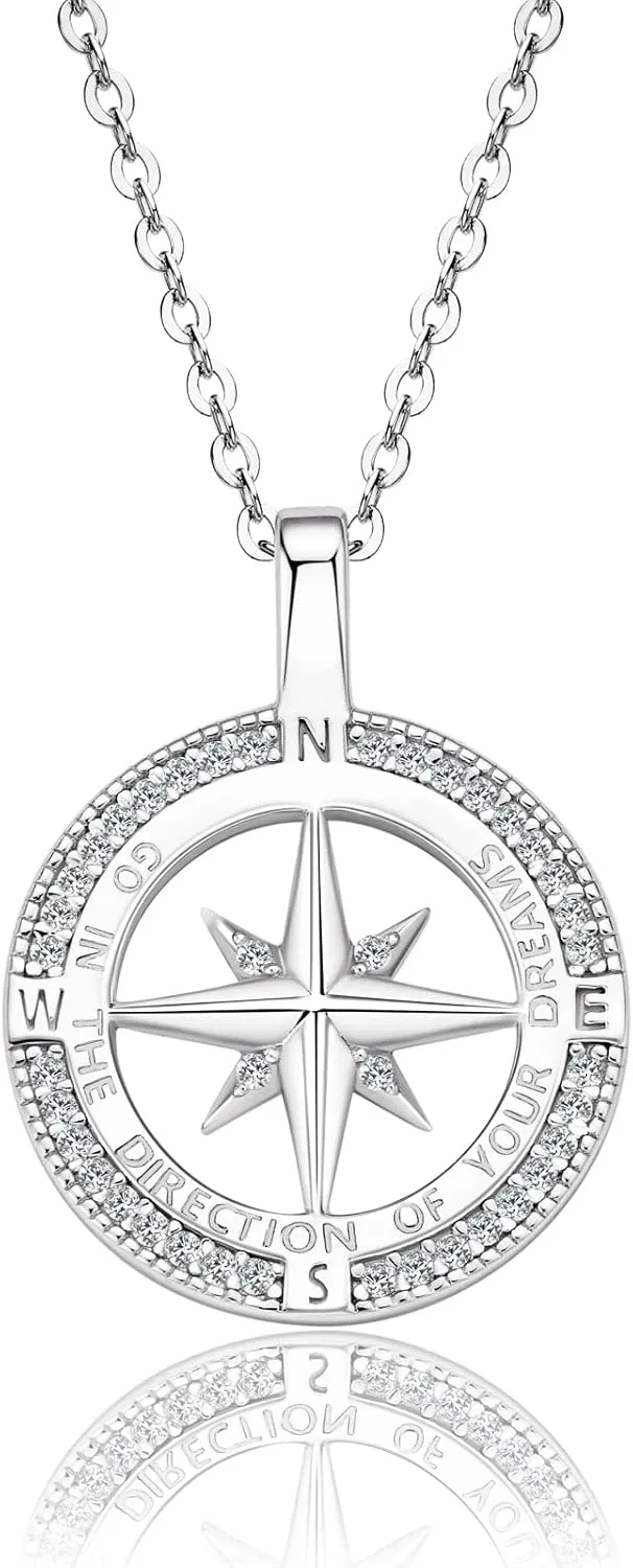 Compass Necklace for Women, 925 Sterling Silver Compass Pendant Jewelry Cubic Zirconia Unisex Senior High School College for Masters Degree Graduation Birthday Christmas Ideas Gift